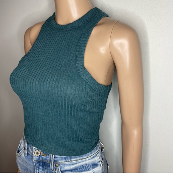 NWT Forever 21 Solid Teal High Neck Raceback Ribbed Sleeveless Cropped Tank Top - Picture 3 of 7
